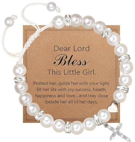 Christening Bracelets for Girls – Adjustable Pearl & Cross Bead Bracelet, Baptism & Confirmation Gifts for Girls, Comes with Info Card