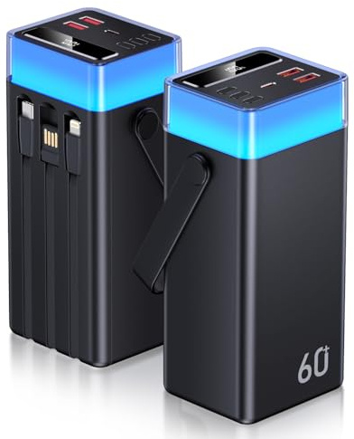 Batterie Externe 60000mAh Charge Rapide, Power Bank 22,5W Chargeur Portable 3 Câble Intégré, PowerBank 5 Sorties et 2 Entrées avec Écran LED et 9 Couleurs Dimmable pour iPhone Android Camping