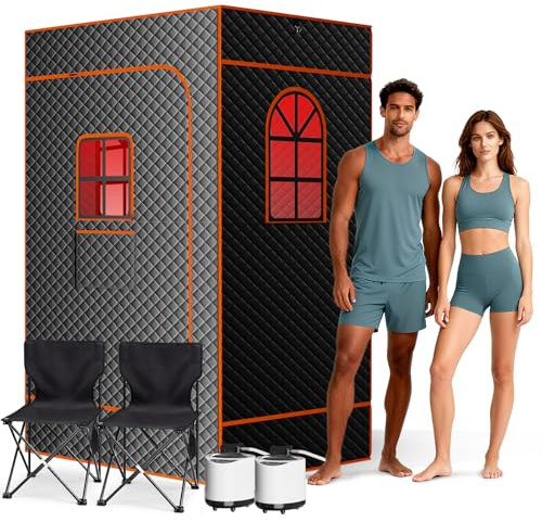 Obqer Infrarotsauna, 15 Min Schnellaufheizung Dampfsauna FüR Zuhause, 9 Einstellbare Temperaturstufen, Timer-Aufheizung, Portable Sauna Beinhaltet 3l Dampfgarer, Klappstuhl, Bodenmatte, Fernbedienung