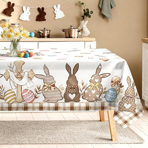 Arquiel Ostern Tischdecke Rechteckig Abwaschbar Osterhasen Beige Tischdecken Polyester Wasserabweisend, Ostereier Bunt Tischwäsche Dekoration für Küche Garten Party, 152×213 cm