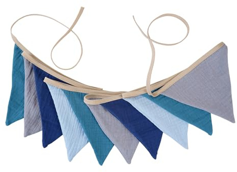 Wimpelkette Kinderzimmer, Stoff Wimpelkette aus Musselin Baumwolle Girlande Kinderzimmer Deko 2.5M Musselinstoff Girlande Doppelseitig für Hausbett Babybett Kinderbett Babyzimmer Wanddeko(Blau Grau)