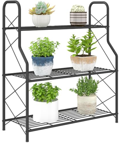 Outsunny 3-Etagen Pflanzenständer, 78 cm hoher Blumenständer, Schwarz | Mit Griffe, Pflanzenregal aus Metall, Mehrstöckig, Blumenregal, Blumentreppe Blumentopfständer, für Garten Balkon Deko