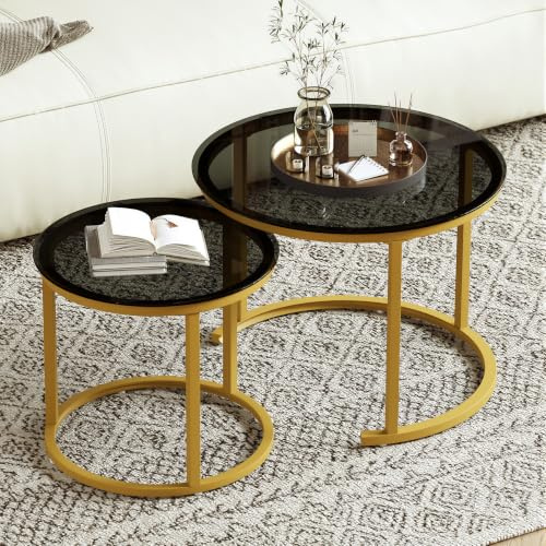 Hawthyhome Lot de 2 tables d'appoint rondes modernes pour salon, tables basses gigognes avec cadre en métal jaune, verre fumé noir