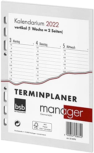 bsb Ersatzeinlage Kalendarium Manager 2025, 6-Fach Lochung - vertikal, ca. A5 - Terminplaner Organizer, 02-0096