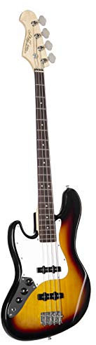 J & D JB E-Bass für Linkshänder, Bass mit Lindenkorpus und geschraubten Ahonhals in sunburst, Bassgitarre mit 2 Single Coils und Vintage-Style Bridge