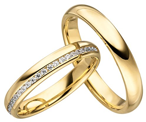 JC Trauringe Silber 925 Paarpreis Eheringe Gold Plattiert I Verlobungsringe 3,5 mm breit I Partnerringe mit Gravur in edler Schatulle I 2 Hochzeitsringe Herrenring ohne & Damenring mit Steinen I JC005