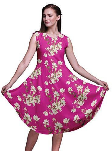 Bimba Abito longuette da donna in rayon con stampa casual, senza maniche, per vacanze estive, con punto smock, lunghezza, Rosa fucsia, 3XL