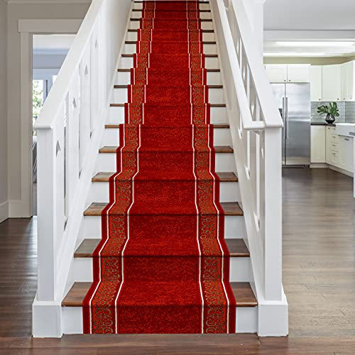 runrug Soft & Comfortable Stair Runner - Smooth & Durable Carpet for Stairs - Stain-Resistant, Fade-Resistant - Multiple Sizes - 60cm x 630cm - 9mm Thick - Tribal, Red