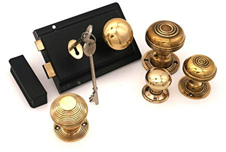 Vintage Victorian Style Antique Solid Brass knob + Black Door Rim Lock Set (F) (Cottage Large 50mm)