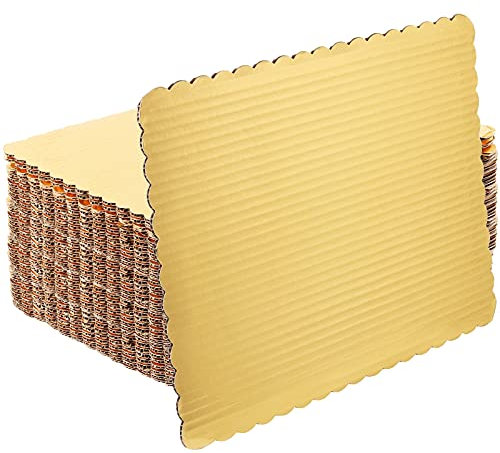 SHEUTSAN 40 paquetes de tablas onduladas doradas de 14 x 10 pulgadas, plato rectangular laminado para tartas, base de cartón ondulado a prueba de grasa para pizza, postres y pasteles