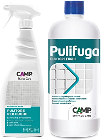 Camp PULIFUGA, Pulitore concentrato per fughe ideale per pavimenti e rivestimenti, Elimina annerimenti, macchie e muffe, 1 L + Detergente fughe