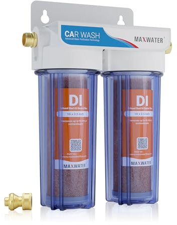 Max Water 2 Stage Standard 10 Car Wash Spotless Water System with Dual 10 x 2.5 Mixed Bed DI Resin Filter Cartridges (refillable) Effective for Auto-Detailing, Window Cleaning