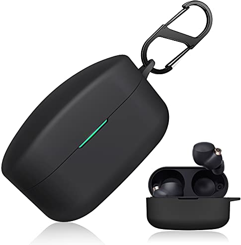 Dasbulk Silikon Hülle für Sony WF-1000XM4 Case [Front-LED Sichtbar] [Kabelloses Laden] mit Karabiner, Schwarz
