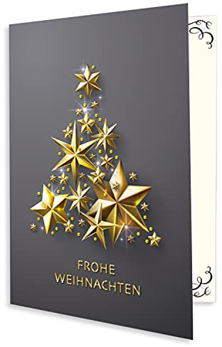 NEUSER PAPIER 200x kleine Weihnachtskarte DIN A7 in Grau mit goldenem Weihnachtsbaum aus Sternen - Faltkarten mit Weihnachtsmotiv - 7,4 x 10,5 cm - Weihnachtsgrüße für Firmen und Privat
