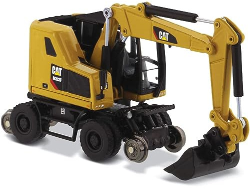 1:87 Caterpillar M323F Railroad Wheeled Excavator - Cat Yellow Version - (HO) High Line Series Model by Diecast Masters - 85656 - with Bucket, Ballast Tamper, and Rail Clamshell Bucket Attachments