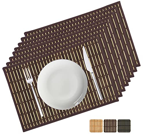 ANDSTAR Set von 8 Stück Bambus Platzsets mit Stoffumrandung Sushi Rolling Mat Japanischer Stil Natürlich AntiRutsch Bambus Platzsets Waschbar Hitzebeständig Tischmatten für Esszimmer und Küche (Braun)