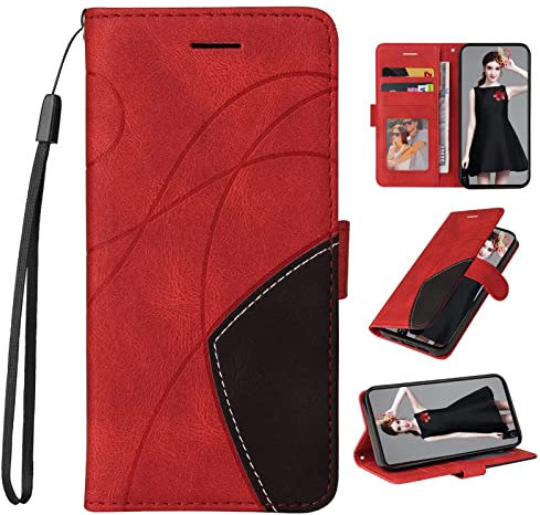 FMPCUON Hülle Kompatibel mit Google Pixel 6 Handyhülle,Google Pixel 6 Klapphülle,【Zweifarbiges Schutzhülle】 Flip Leder Wallet Cover Handytasche Case,Rot