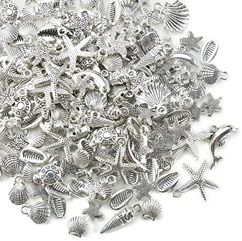 HERZWILD 200g Meer Ozean Thema Charms Legierung Seestern Schildkröte Ozean Fisch Muschel Anhänger Perlen Für Hawaii Halskette Armband Schmuckherstellung (silber-C)