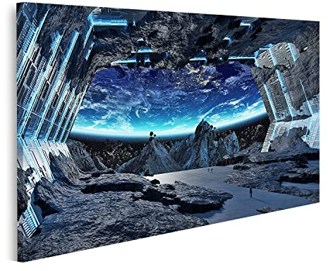 islandburner Bild auf Leinwand Riesiges Asteroid Raumschiff Innen mit Blick auf Erde Kinderzimmer Space Weltall Bilder Wandbilder Poster