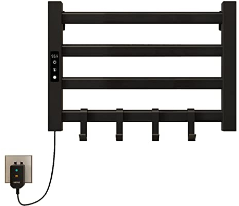 SKYLYZH Handtuchheizkörper Elektrisch Klein, 550x400mm Badheizkörper, 80W Handtuchhalter Heizung, Elektrischer Handtuchheizkörper 30-70℃ einstellbare Temperatur, 1-9 Stunden Zeitmessung-Black Left