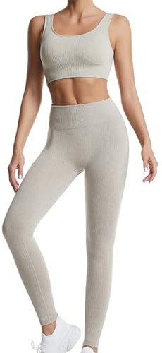 dohomiryo Damen Sportanzüge Jogginganzug Sport Sets 2 Teilig Workout Outfit Set Sport Crop Top+Hohe Taille Yoga Leggings Yoga Outfit Freizeitanzug Sportswear Khaki S
