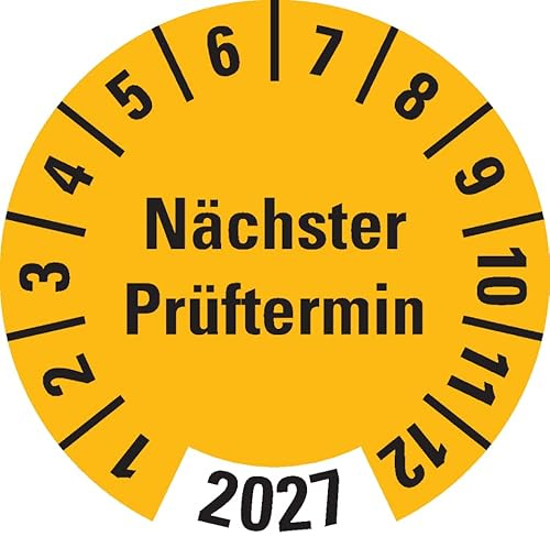 Dreifke® Prüfplakette Nächster Prüftermin 2027,gelb,Dokumentenfolie,Ø 30mm,18 St/Bogen