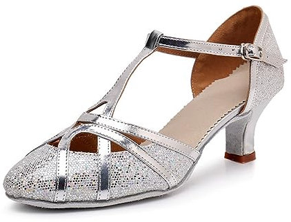 Rosefinch Damen Latein T-Strap Tanzschuhe Geschlossene Zehen Mode Salsa Tango Cha-Cha Ballsaal Performence Tanzschuhe Hochzeit Abend Party Silber 5cm Absatz 40 EU