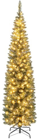 RELAX4LIFE Árbol de Navidad Delgado con 296/390/499 Ramas, 150/180/200 Luces LED Blancas Cálidas y Base de Metal Plegable, Arbol de Navidad con Luces Incorporadas para Hogar, Oficina, Tienda (180 cm)