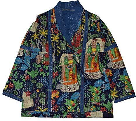 Rajbhoomi, giacca Kantha da donna, in cotone, trapuntata, realizzata a mano, Blu, XXL