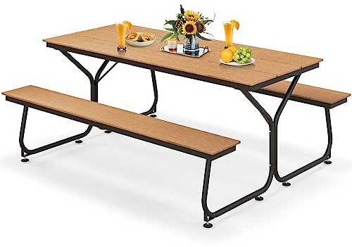 GYMAX Bierzeltgarnitur, Picknicktisch, Outdoor-Esstisch & 2 Bänke mit robustem Metallrahmen, HDPE-Tischplatte & Schirmloch, großer Gartentisch für 6-8 Personen, 183 x 150 x 76 cm (Braun)