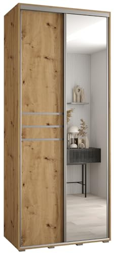 MEBLE KRYSPOL Davos 11 110 Schrank mit Zwei Schiebetüren für Schlafzimmer - Moderner Schrank mit Spiegel, Kleiderstange und Regalen - 235,2x110x45 cm - Artisan Artisan Silber