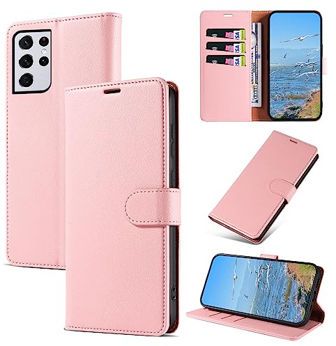 KKEIKO Coque pour Samsung Galaxy S21 Ultra 5G, Antichoc Magnetique Étui à Rabat avec Porte Cartes, Portefeuille Housse en Cuir PU Coque pour Samsung S21 Ultra 5G, Rose