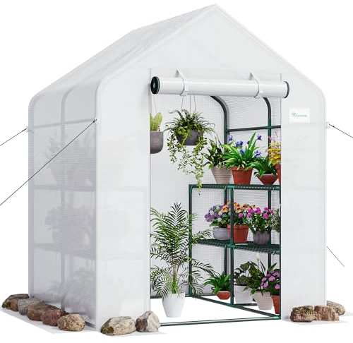 YITAHOME Gewächshaus XL, 3 Ebenen 12 Regale, PE-Abdeckung mit Reißverschlusstür, Pflanzenabdeckung, Wetterfest und UV-Schutz mit Erdankern und Seilen für Garten Outdoor, 195x143x143cm, Weiß