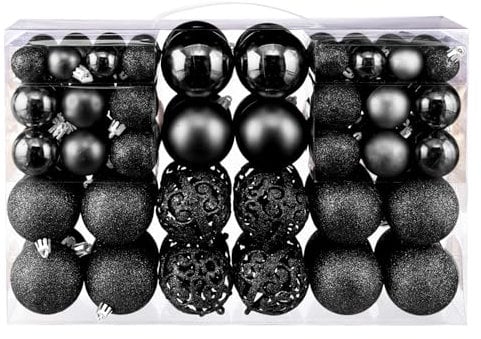 Taeku Palline di Natale Set, 100Pcs Plastica Addobbi Natalizi Palline Decorative Infrangibili Baubles di Natale con Ganci per Feste di Matrimoni e Natale (Nero)