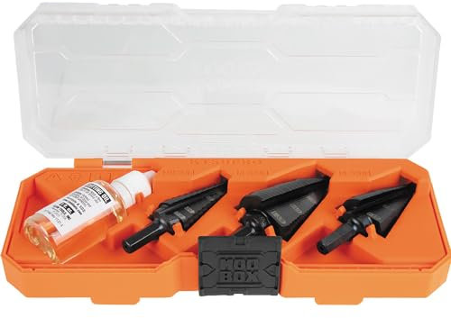 Klein Tools KTSBSPRO Premium 3-Piece Electrician's Step Bit Set with Cutting Oil, Modular Case, 3/8-Inch Hex Shank, Straight Double Fluted