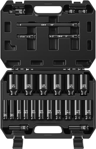 Aloanes 25 Piece Set 1/2 Inch, SAE (3/8-1-1/2), Deep Sockets, 1/2 F to 3/8 M Reducer, 3/8 F to 1/2 M Reducer, Universal Joint, Extension Rods, 6 Point, Cr-V