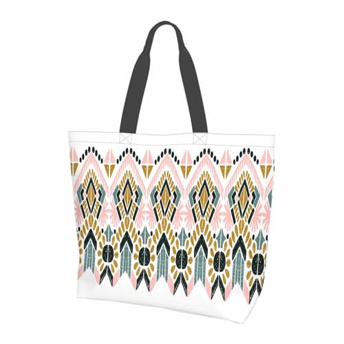 FWJZDSP Stilvolle Canvas-Tragetasche für Damen und Mädchen, Ikat-Leinen-Tragetasche mit geometrischem Folklore-Motiv, leichte und mittelgroße, wiederverwendbare Umhängetasche