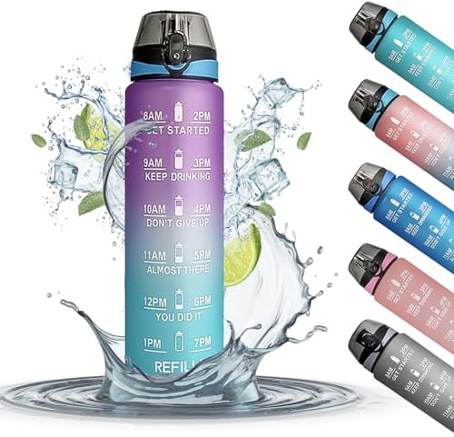 K-MART 1-Liter-Wasserflasche mit Zeitmarkierungen, BPA-freie und ungiftige Trinkflasche, auslaufsicher, 1 l, für Fitnessstudio, Laufflasche, Radfahren, Schule und Büro (Purple Mint)