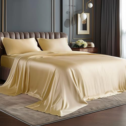BEDELITE Satin-Bettwäsche-Set, luxuriös, weich, champagnerfarben, seidig, für Haar und Haut, ähnlich wie Seide, 4-teiliges Bettwäsche-Set mit 1 tiefen Spannbettlaken, 1 Bettlaken und 2 Kissenbezügen