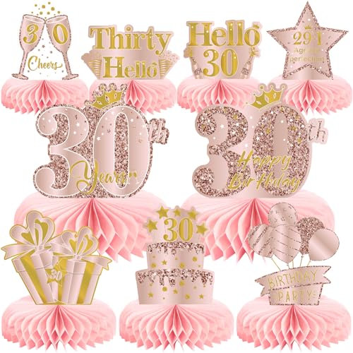 Noper 9Pcs Pink Rose Gold 30th Birthday Honeycomb Centerpieces for Girls, Happy 30th Birthday Table Decor