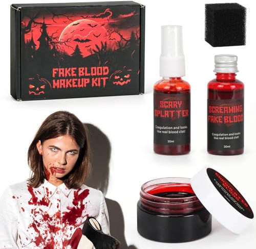 Kunstblut Halloween, Halloween Schminke, Kunstblut Spray+Fake Blut+Blut Gel+Schwamm, Vampire Zombie Wunden Schminke, für Kunst Theater Halloween Karneval Party Cosplay Makeup