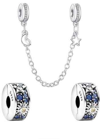 Doyafer Clip in argento sterling 925 con stelle e luna, catena di sicurezza, braccialetto con ciondoli, perline, ciondolo con ciondoli, gioielli di compleanno, regalo, confezione da 3
