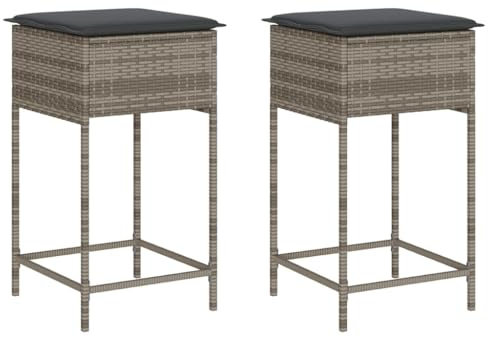 vidaXL Garten Barhocker mit Kissen 2 STK., Barstuhl mit Stahlrahmen, Tresenhocker für Garten Terrasse, Gartenmöbel, Grau Poly Rattan