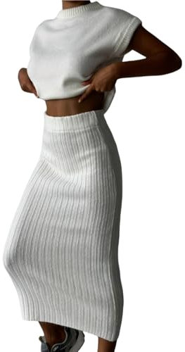 HGKPFGTG Weiß,M, 2-Teiliges Pullover-Rock-Set Für Damen Ärmelloses Rundhals-Top Figurbetontes Midi-Rock-Strickset