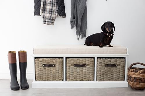 Tetbury Storage Bench with 3 Baskets and Cushion Seat (W112cm H46cm D40cm) | Fully Assembled Hallway Bedroom 3 Seater Bench Storage Unit (white-C)