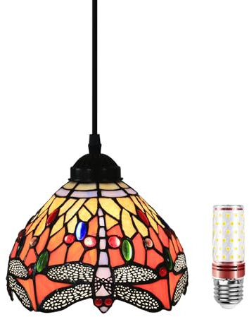 Uziqueif Hängelampe, Tiffany Style Lamp, 8 Zoll Esstisch Lampen Hängend, Vintage Pendelleuchte, Glas Pendant Light, Höhenverstellbar, Pendelleuchten für Küche Schlafzimme Wohnzimmer Flur,Rosa Libelle