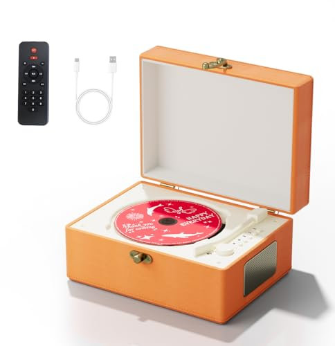 Yintiny Time Music Box CD Player with Speakers; Bluetooth Transmitter; Festival Gift; BGM Player for Home Decor (Orange)