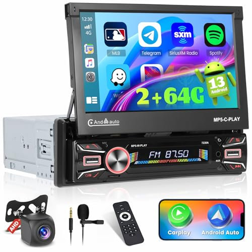 Ohradio 2+64GB Radio Coche Android 1 DIN con Pantalla Retráctil Motorizada de 7 - CarPlay Inalámbrico y Android Auto Inalámbrico, WiFi, BT, Radio FM, Enlace Espejo, GPS, 2 USB/AUX/SD +Cámara +Mic
