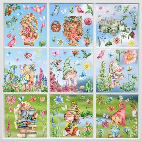 Hianjoo Fensterbilder Frühling Selbstklebend, 9 Blätter Fensteraufkleber Frühling Wiederverwendbar mit Zwerge, Frühlingsdeko Fenstersticker für Kinderzimmer