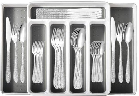 OBR KING Besteck Set 6 Personen, 30 teilig Besteckset mit Besteckkasten für Schubladen, Edelstahl Cutlery mit Messer Gabeln Löffel und Küchenschubladeneinsätze